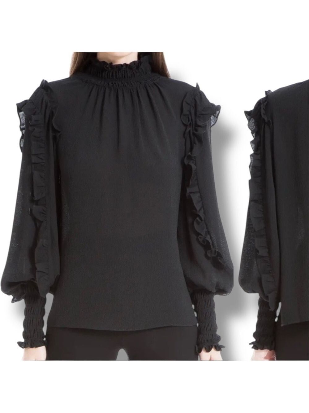 NWT Max Studio Black Ruffle Mockneck Blouson Sleeve Top - Size Small